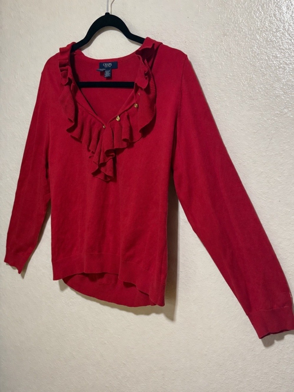 Chaps Red Ruffle Front Knit Sweater | Button Long Sleeve | XL - Picture 3 of 4